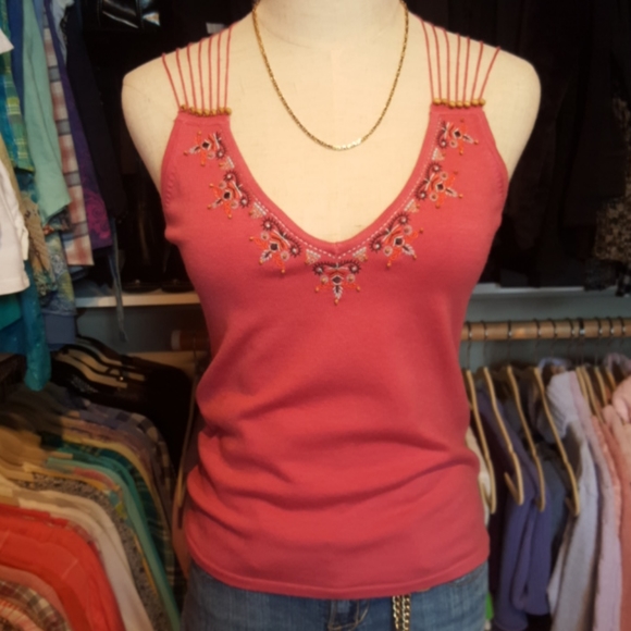 NEW YORK & CO ♡ RARE Vintage Pink Knit Embroidered 'n Beaded Back Design Tank S - Picture 3 of 17